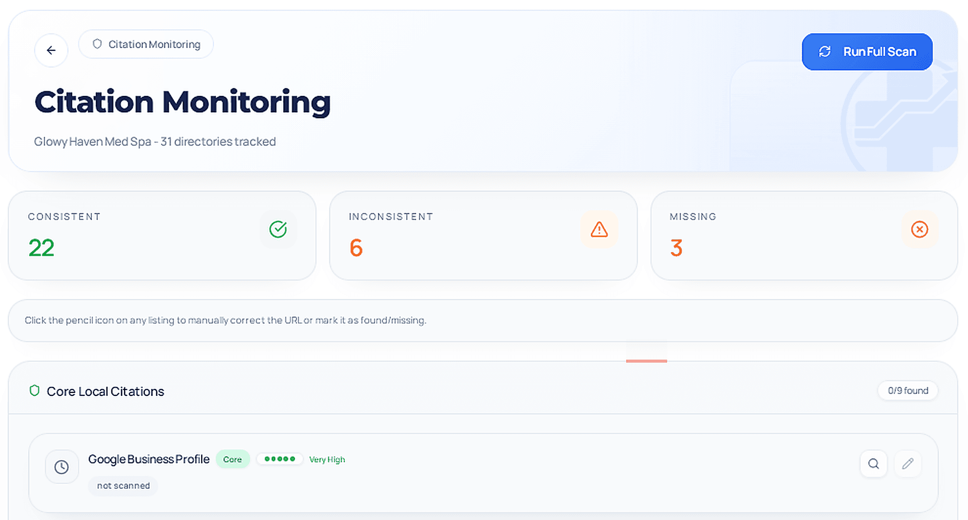 Citation monitoring dashboard showing consistent, inconsistent, and missing directory listings for a medical practice.