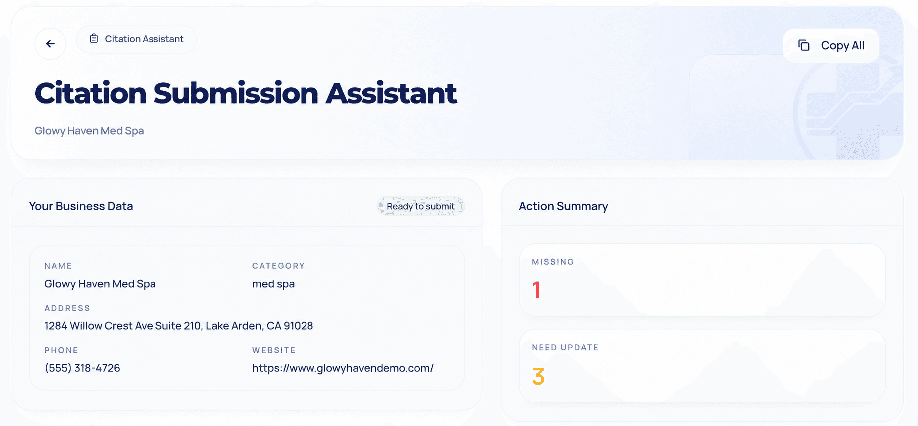 Citation submission assistant dashboard showing business data and action summary before manual directory submissions.