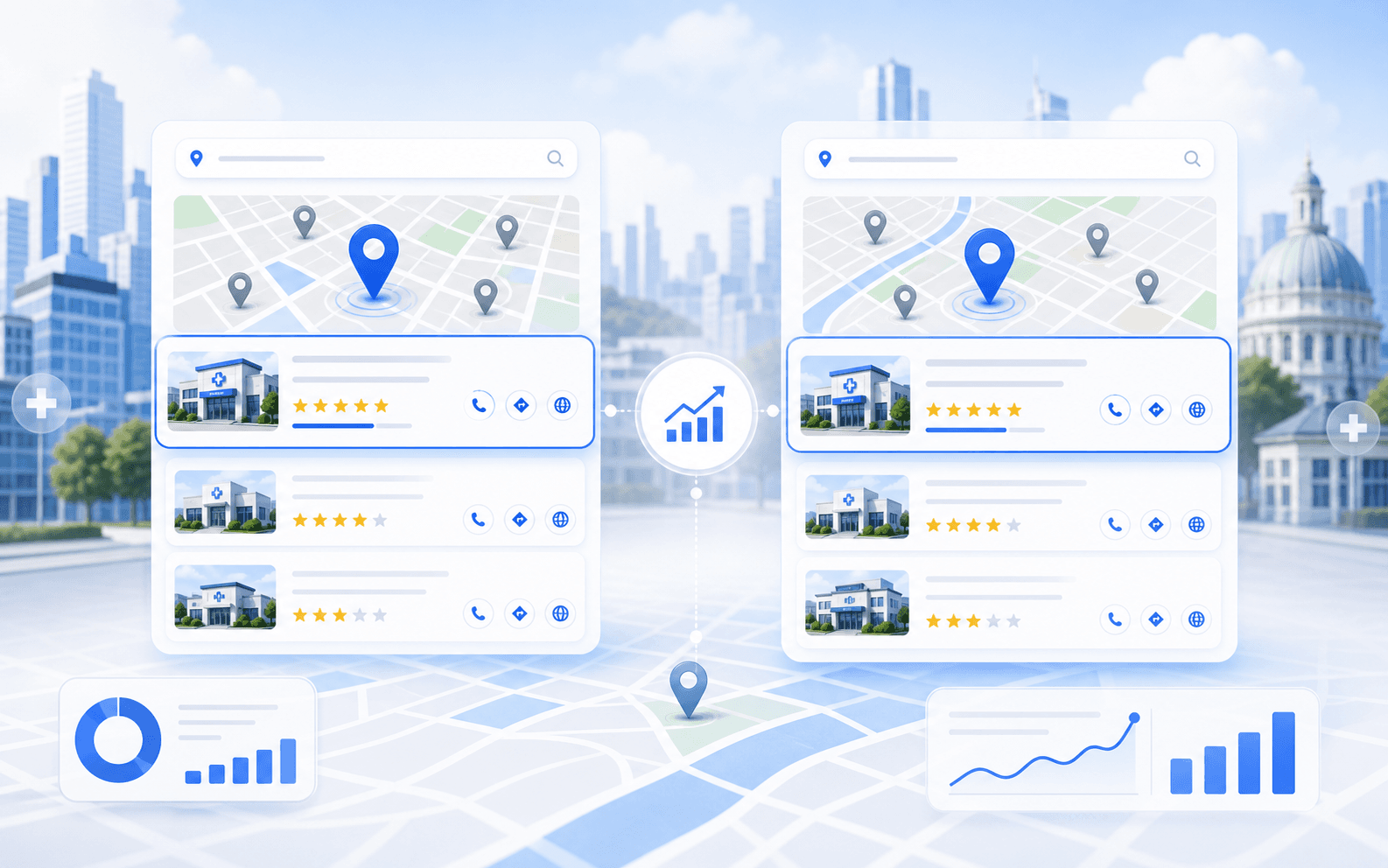 Curex Marketing featured image for How to Check Local Search Results From Another City showing side-by-side city search results, local pack comparison cards, and map-based visibility analysis