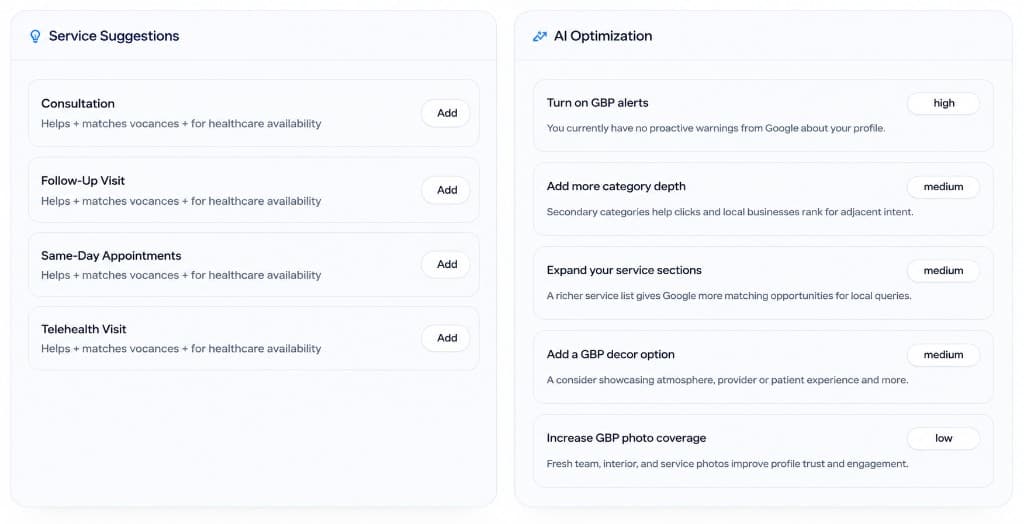 Service suggestions and AI optimization recommendations for improving Google Business Profile coverage.